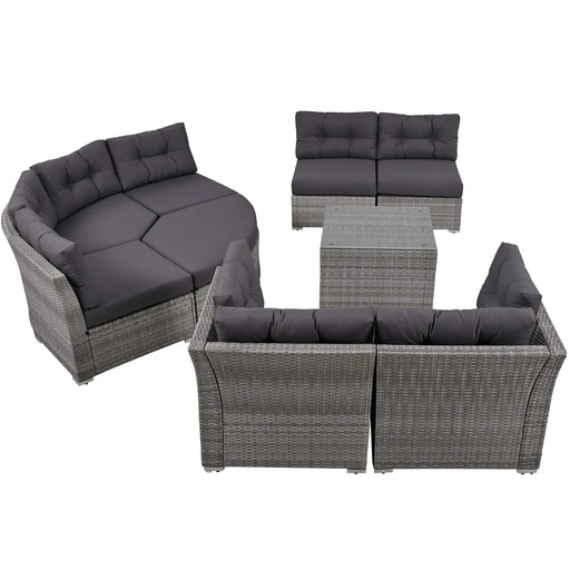 Elegant Patio Furniture Set Outdoor Daybed Rattan Sectional with Cushions and Center Table, Grey, Iron + Rattan Default -DTYStore