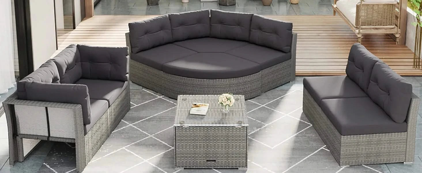 Elegant Patio Furniture Set Outdoor Daybed Rattan Sectional with Cushions and Center Table, Grey, Iron + Rattan Default -DTYStore