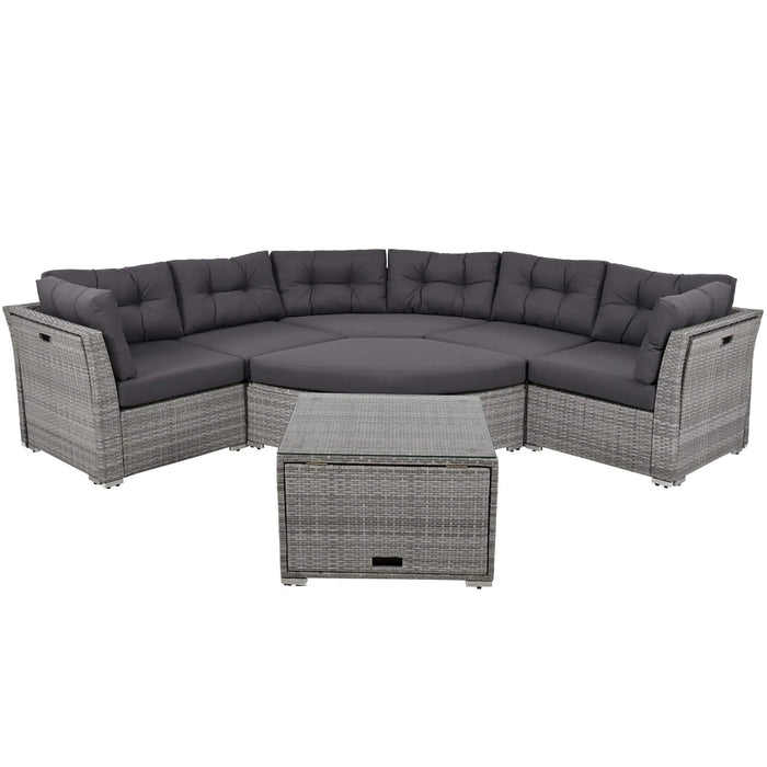 Elegant Patio Furniture Set Outdoor Daybed Rattan Sectional with Cushions and Center Table, Grey, Iron + Rattan Default -DTYStore