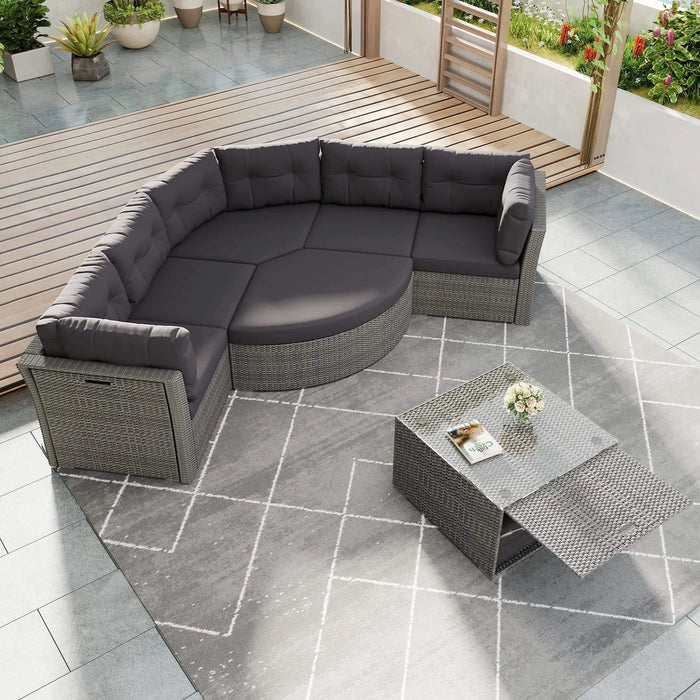 Elegant Patio Furniture Set Outdoor Daybed Rattan Sectional with Cushions and Center Table, Grey, Iron + Rattan Default -DTYStore