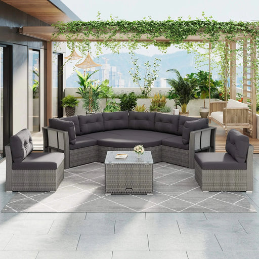 Elegant Patio Furniture Set Outdoor Daybed Rattan Sectional with Cushions and Center Table, Grey, Iron + Rattan Default -DTYStore