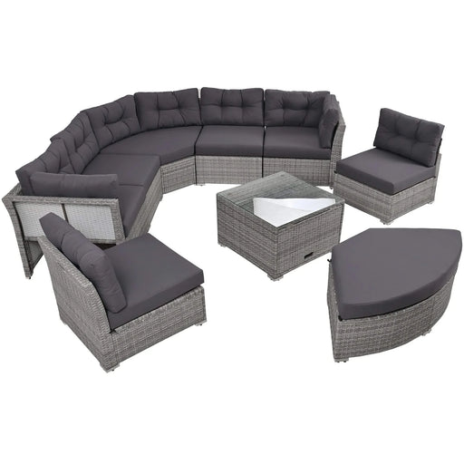 Elegant Patio Furniture Set Outdoor Daybed Rattan Sectional with Cushions and Center Table, Grey, Iron + Rattan Default -DTYStore