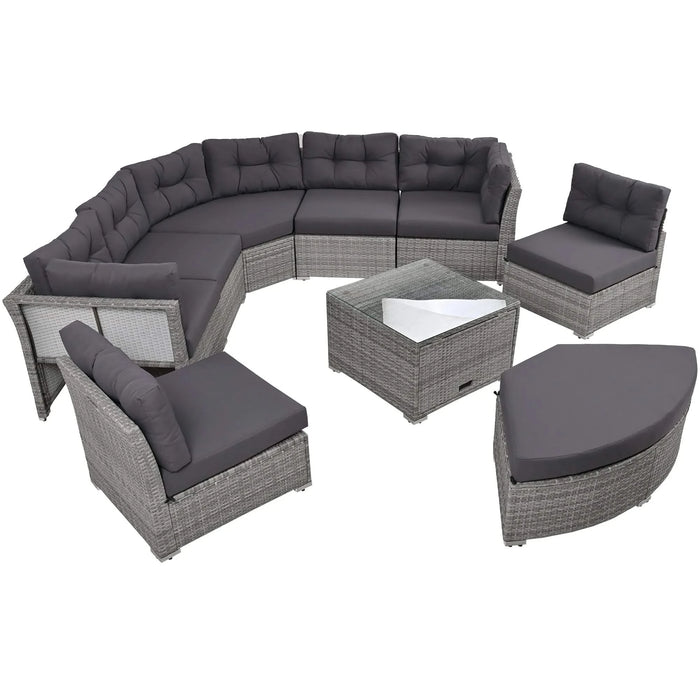 Elegant Patio Furniture Set Outdoor Daybed Rattan Sectional with Cushions and Center Table, Grey, Iron + Rattan Default -DTYStore