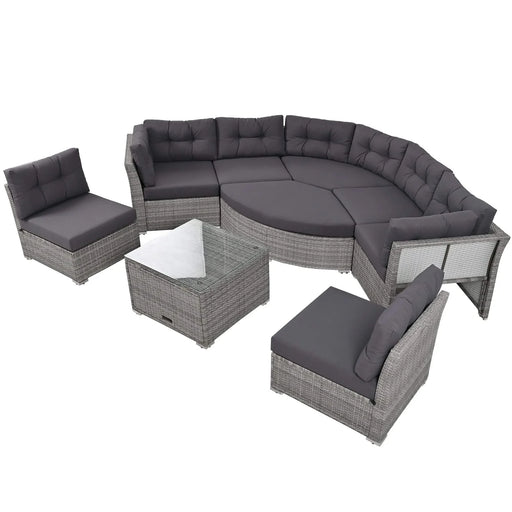 Elegant Patio Furniture Set Outdoor Daybed Rattan Sectional with Cushions and Center Table, Grey, Iron + Rattan Default -DTYStore