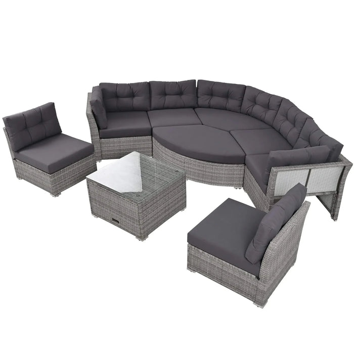 Elegant Patio Furniture Set Outdoor Daybed Rattan Sectional with Cushions and Center Table, Grey, Iron + Rattan Default -DTYStore