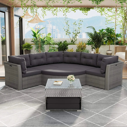 Elegant Patio Furniture Set Outdoor Daybed Rattan Sectional with Cushions and Center Table, Grey, Iron + Rattan Default -DTYStore