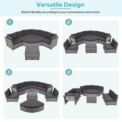 Elegant Patio Furniture Set Outdoor Daybed Rattan Sectional with Cushions and Center Table, Grey, Iron + Rattan Default -DTYStore