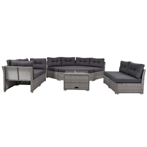 Elegant Patio Furniture Set Outdoor Daybed Rattan Sectional with Cushions and Center Table, Grey, Iron + Rattan Default -DTYStore