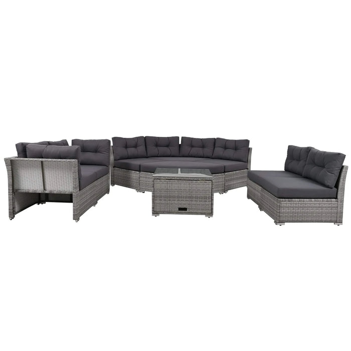 Elegant Patio Furniture Set Outdoor Daybed Rattan Sectional with Cushions and Center Table, Grey, Iron + Rattan Default -DTYStore