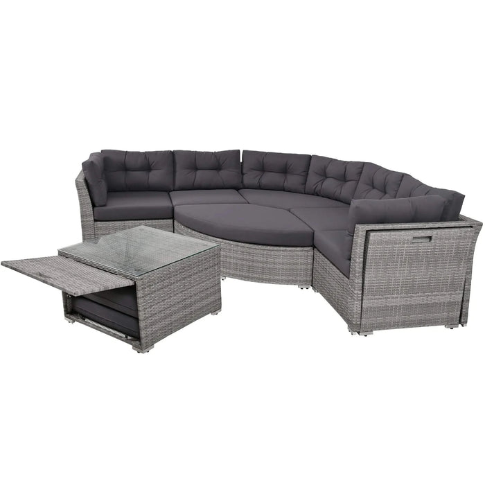 Elegant Patio Furniture Set Outdoor Daybed Rattan Sectional with Cushions and Center Table, Grey, Iron + Rattan Default -DTYStore