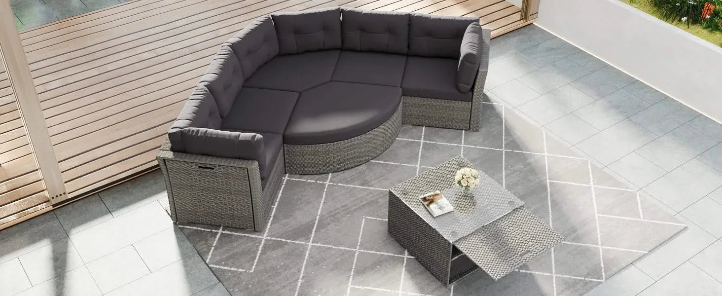 Elegant Patio Furniture Set Outdoor Daybed Rattan Sectional with Cushions and Center Table, Grey, Iron + Rattan Default -DTYStore