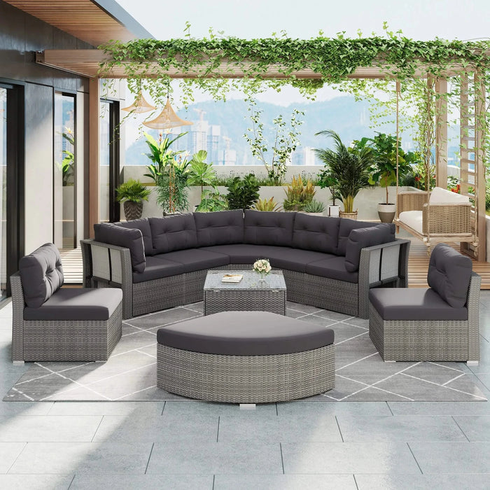 Elegant Patio Furniture Set Outdoor Daybed Rattan Sectional with Cushions and Center Table, Grey, Iron + Rattan Default -DTYStore