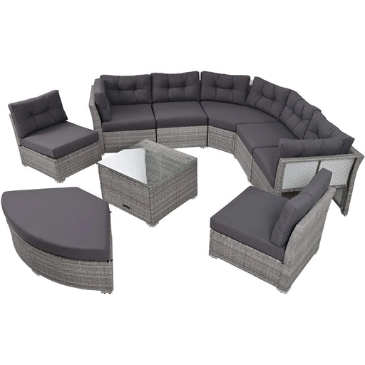 Elegant Patio Furniture Set Outdoor Daybed Rattan Sectional with Cushions and Center Table, Grey, Iron + Rattan Default -DTYStore