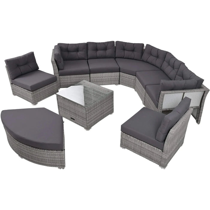 Elegant Patio Furniture Set Outdoor Daybed Rattan Sectional with Cushions and Center Table, Grey, Iron + Rattan Default -DTYStore