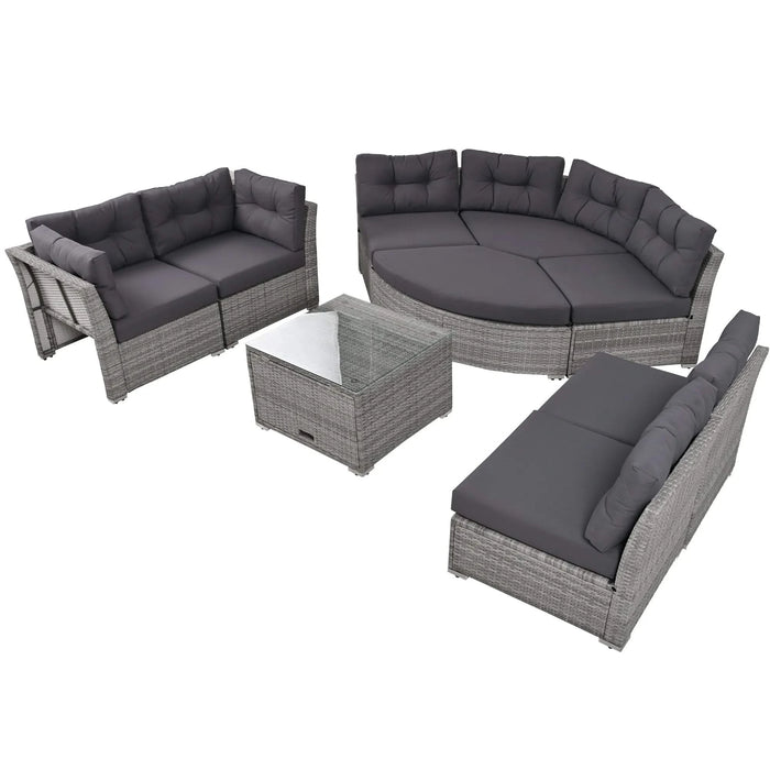 Elegant Patio Furniture Set Outdoor Daybed Rattan Sectional with Cushions and Center Table, Grey, Iron + Rattan Default -DTYStore