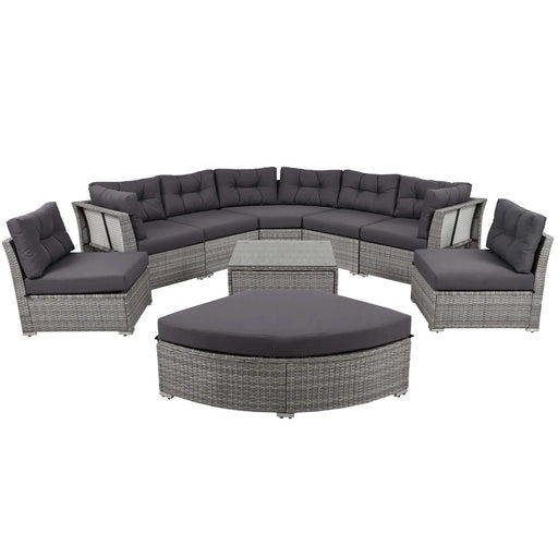 Elegant Patio Furniture Set Outdoor Daybed Rattan Sectional with Cushions and Center Table, Grey, Iron + Rattan Default -DTYStore