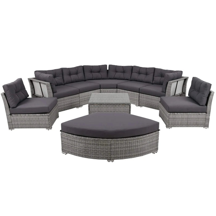Elegant Patio Furniture Set Outdoor Daybed Rattan Sectional with Cushions and Center Table, Grey, Iron + Rattan Default -DTYStore