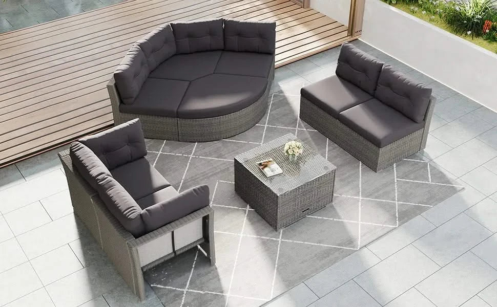 Elegant Patio Furniture Set Outdoor Daybed Rattan Sectional with Cushions and Center Table, Grey, Iron + Rattan Default -DTYStore
