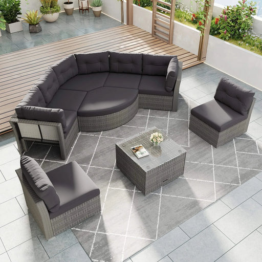 Elegant Patio Furniture Set Outdoor Daybed Rattan Sectional with Cushions and Center Table, Grey, Iron + Rattan Default -DTYStore