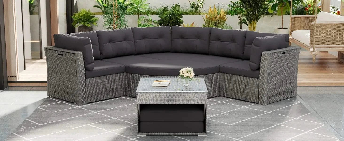 Elegant Patio Furniture Set Outdoor Daybed Rattan Sectional with Cushions and Center Table, Grey, Iron + Rattan Default -DTYStore