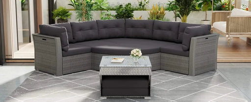 Elegant Patio Furniture Set Outdoor Daybed Rattan Sectional with Cushions and Center Table, Grey, Iron + Rattan Default -DTYStore