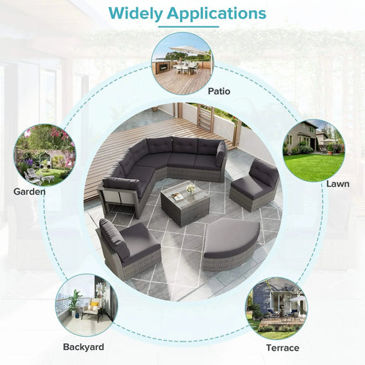 Elegant Patio Furniture Set Outdoor Daybed Rattan Sectional with Cushions and Center Table, Grey, Iron + Rattan Default -DTYStore