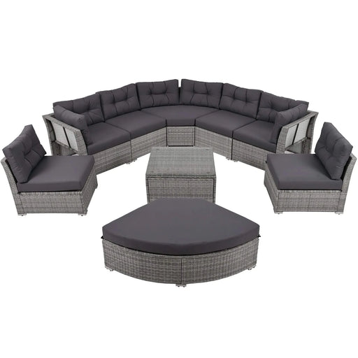 Elegant Patio Furniture Set Outdoor Daybed Rattan Sectional with Cushions and Center Table, Grey, Iron + Rattan Default -DTYStore