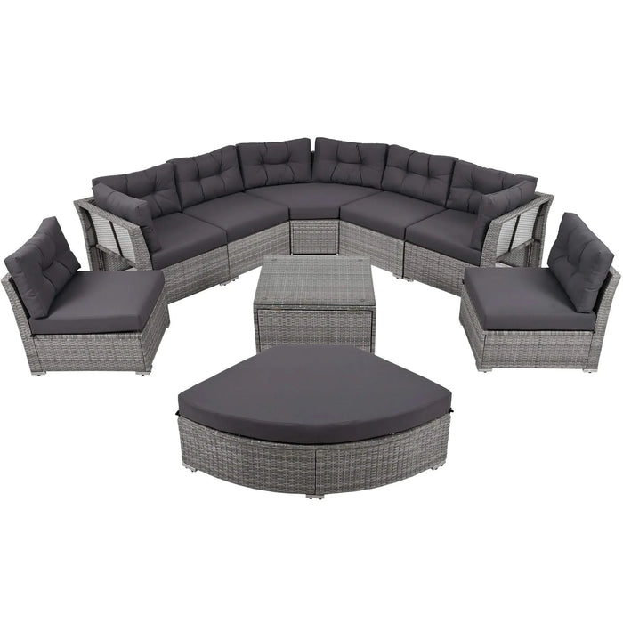 Elegant Patio Furniture Set Outdoor Daybed Rattan Sectional with Cushions and Center Table, Grey, Iron + Rattan Default -DTYStore