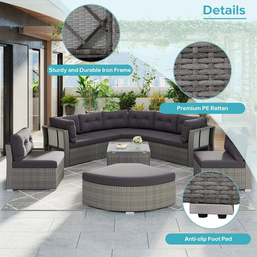 Elegant Patio Furniture Set Outdoor Daybed Rattan Sectional with Cushions and Center Table, Grey, Iron + Rattan Default -DTYStore