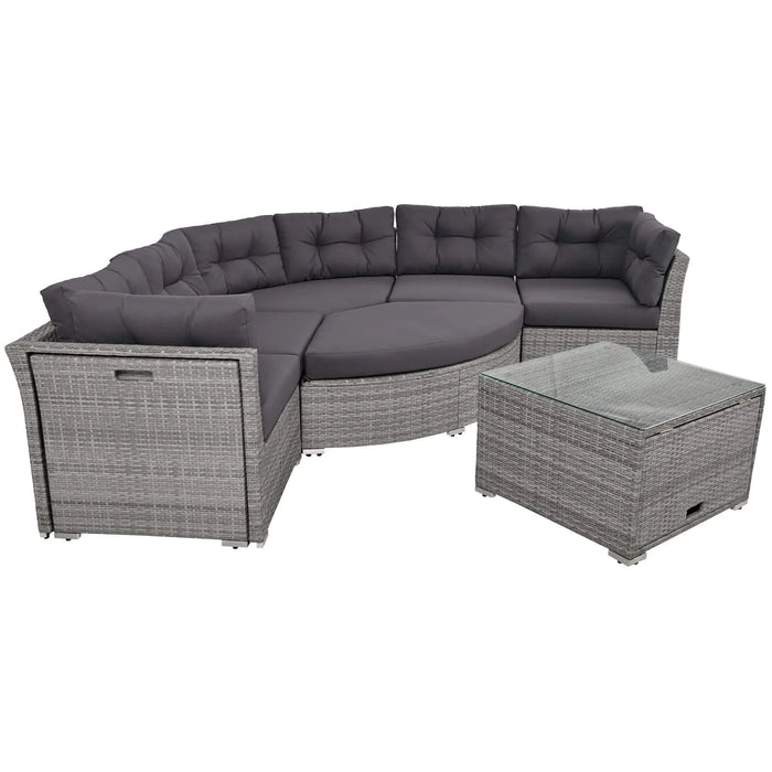 Elegant Patio Furniture Set Outdoor Daybed Rattan Sectional with Cushions and Center Table, Grey, Iron + Rattan Default -DTYStore