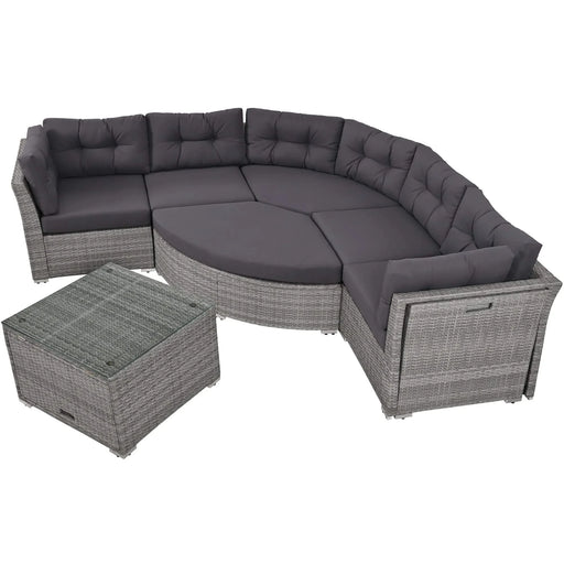 Elegant Patio Furniture Set Outdoor Daybed Rattan Sectional with Cushions and Center Table, Grey, Iron + Rattan Default -DTYStore
