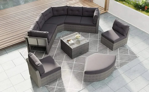 Elegant Patio Furniture Set Outdoor Daybed Rattan Sectional with Cushions and Center Table, Grey, Iron + Rattan Default -DTYStore