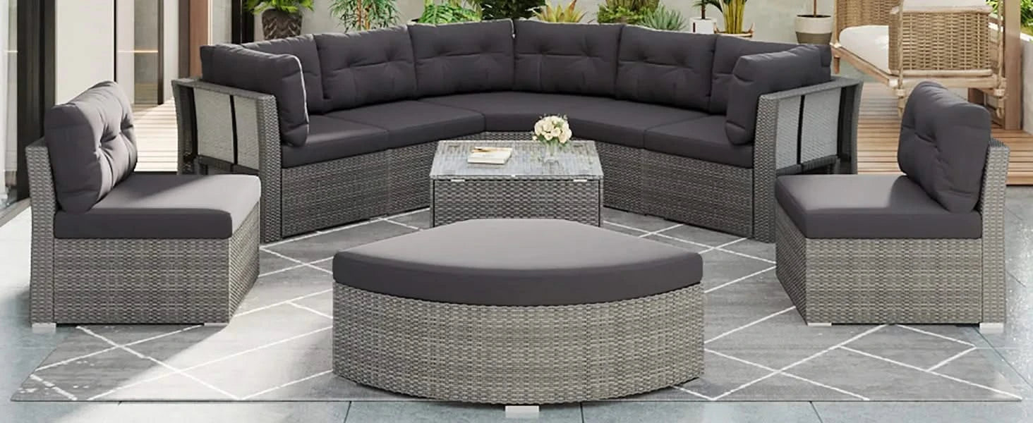 Elegant Patio Furniture Set Outdoor Daybed Rattan Sectional with Cushions and Center Table, Grey, Iron + Rattan Default -DTYStore