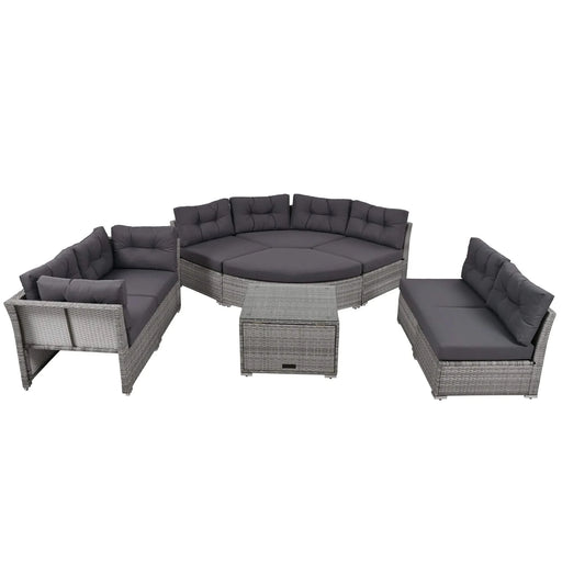 Elegant Patio Furniture Set Outdoor Daybed Rattan Sectional with Cushions and Center Table, Grey, Iron + Rattan Default -DTYStore