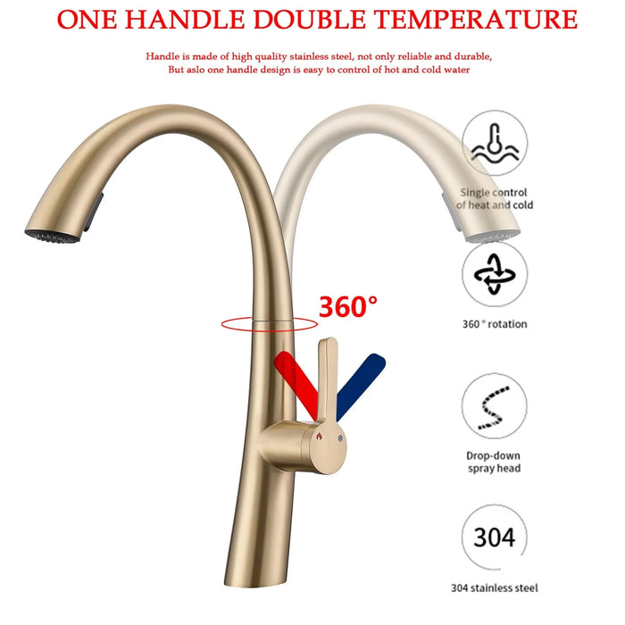 Elegant Single Handle Stainless Steel Pull Out Kitchen Faucet Brushed Gold with High-Arch Spout- DTY Store