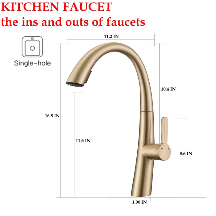 Elegant Single Handle Stainless Steel Pull Out Kitchen Faucet Brushed Gold with High-Arch Spout - DTY Store