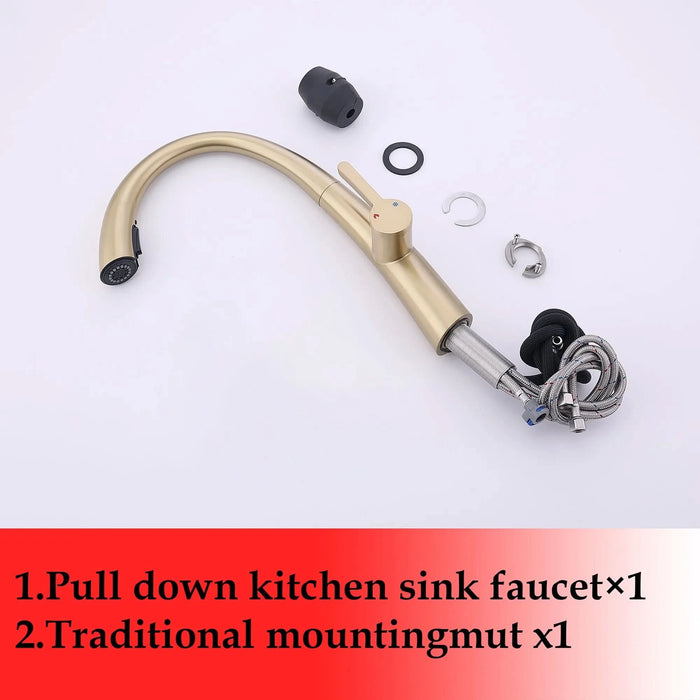 Elegant Single Handle Stainless Steel Pull Out Kitchen Faucet Brushed Gold with High-Arch Spout- DTY Store