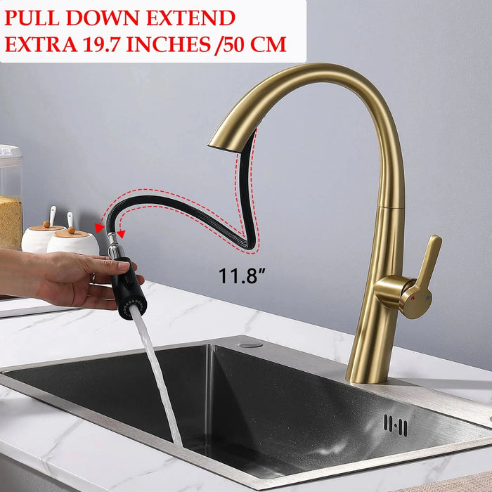 Elegant Single Handle Stainless Steel Pull Out Kitchen Faucet Brushed Gold with High-Arch Spout - DTY Store