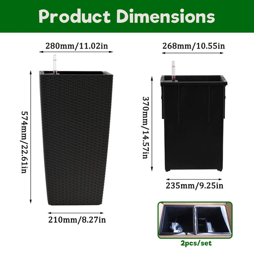 Elegant Square Planter with Automatic Watering System, 22-Inch High Faux Rattan Design, Black, Polypropylene, Pack of 2 Default -DTYStore