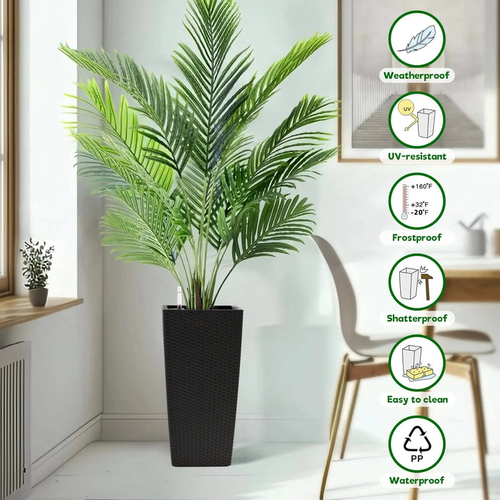 Elegant Square Planter with Automatic Watering System, 22-Inch High Faux Rattan Design, Black, Polypropylene, Pack of 2 Default -DTYStore