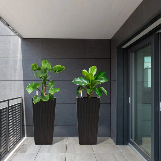 Elegant Square Planter with Automatic Watering System, 22-Inch High Faux Rattan Design, Black, Polypropylene, Pack of 2 Default -DTYStore