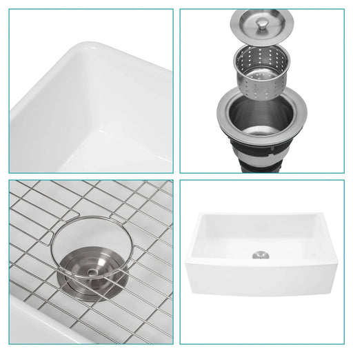 Elegant White Farmhouse Sink - 33 Inch Ceramic Arch Edge Apron Front Single Bowl Default -DTYStore