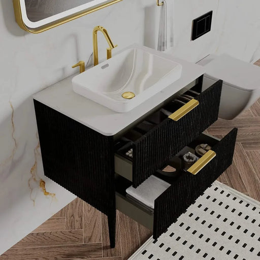 Elena-30F-308T Striped Black Oak Bathroom Vanity WITHOUT Sink, Freestanding Bathroom Cabinet for Modern Bathroom, Pre-assembled Default -DTYStore