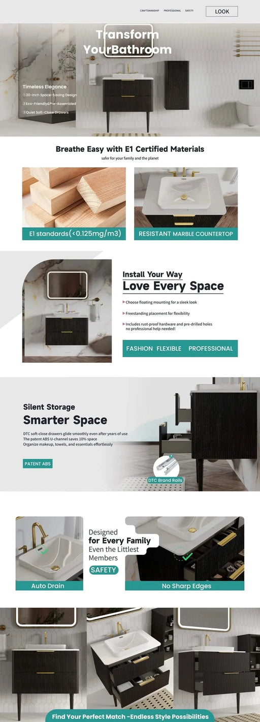 Elena 30 Modern Bathroom Vanity with Sink, Black Luxury Bathroom Vanity with Ample Storage, 2 Soft Close Drawers, 2 in 1 Floating or Freestanding Design, Pre-Assembled Default -DTYStore