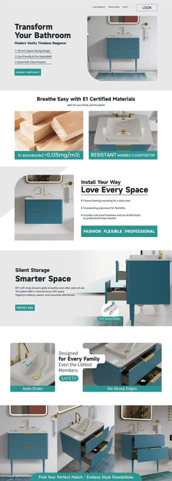 Elena 30 Modern Bathroom Vanity with Sink, Blue Luxury Bathroom Vanity with Ample Storage, 2 Soft Close Drawers, 2 in 1 Floating or Freestanding Design, Pre-Assembled Default -DTYStore