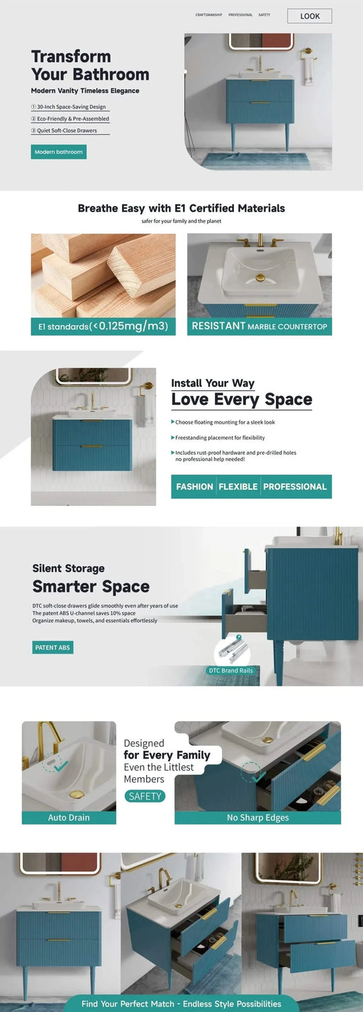 Elena 30 Modern Bathroom Vanity with Sink, Blue Luxury Bathroom Vanity with Ample Storage, 2 Soft Close Drawers, 2 in 1 Floating or Freestanding Design, Pre-Assembled Default -DTYStore