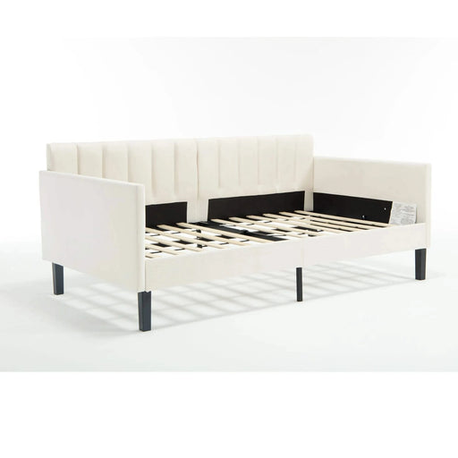 Elena Twin Size Beige Velvet Upholstered Daybed with Ribbed Tufted Backrest in Modern Design, Foam Comfort Default -DTYStore