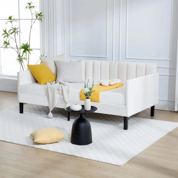 Elena Twin Size Beige Velvet Upholstered Daybed with Ribbed Tufted Backrest in Modern Design, Foam Comfort Default -DTYStore