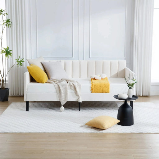 Elena Twin Size Beige Velvet Upholstered Daybed with Ribbed Tufted Backrest in Modern Design, Foam Comfort Default -DTYStore