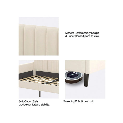 Elena Twin Size Beige Velvet Upholstered Daybed with Ribbed Tufted Backrest in Modern Design, Foam Comfort Default -DTYStore